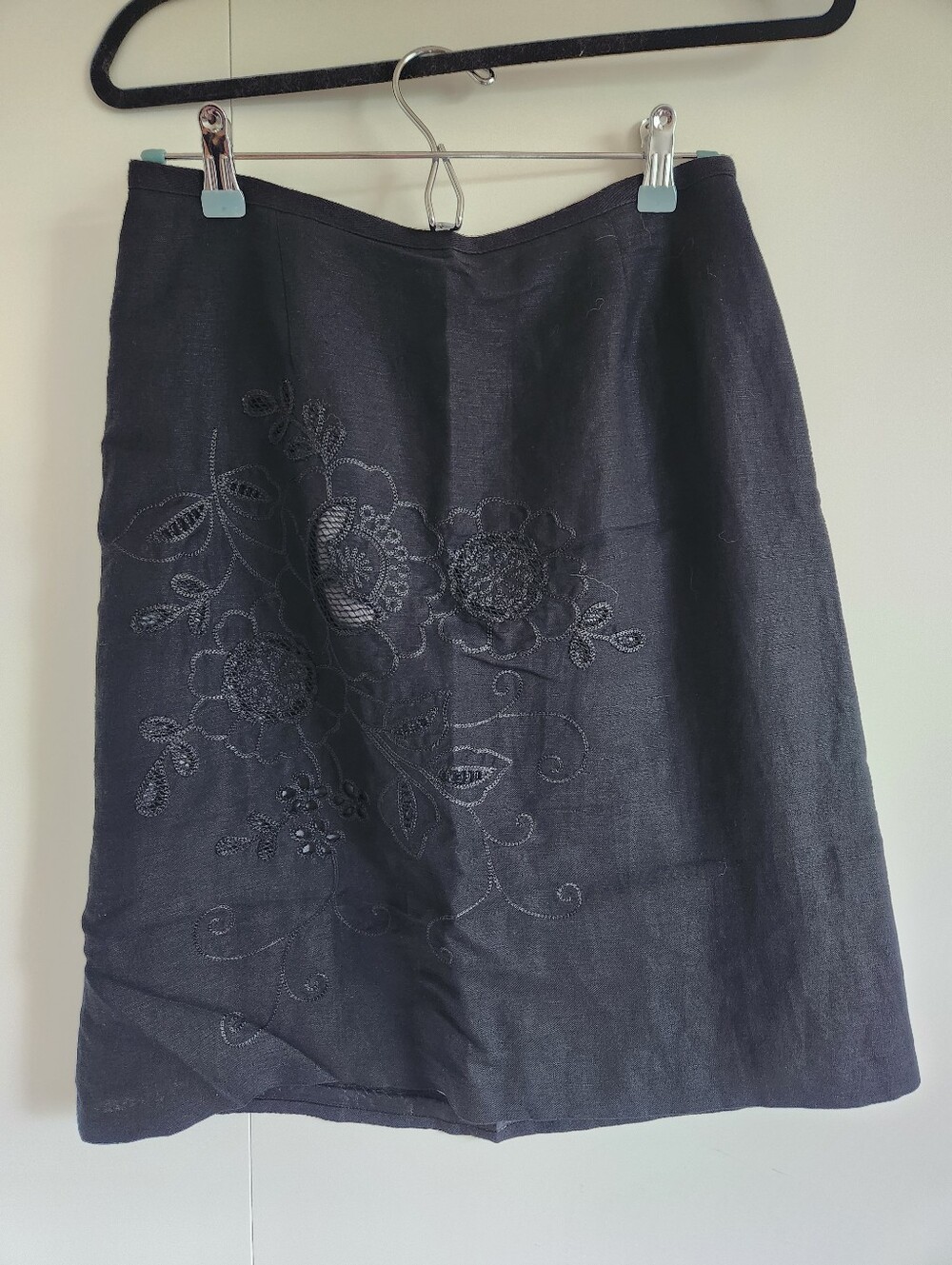 Alexandra Bartlett Linen Blend Embroidered A-Line Skirt Black Floral Size 6
